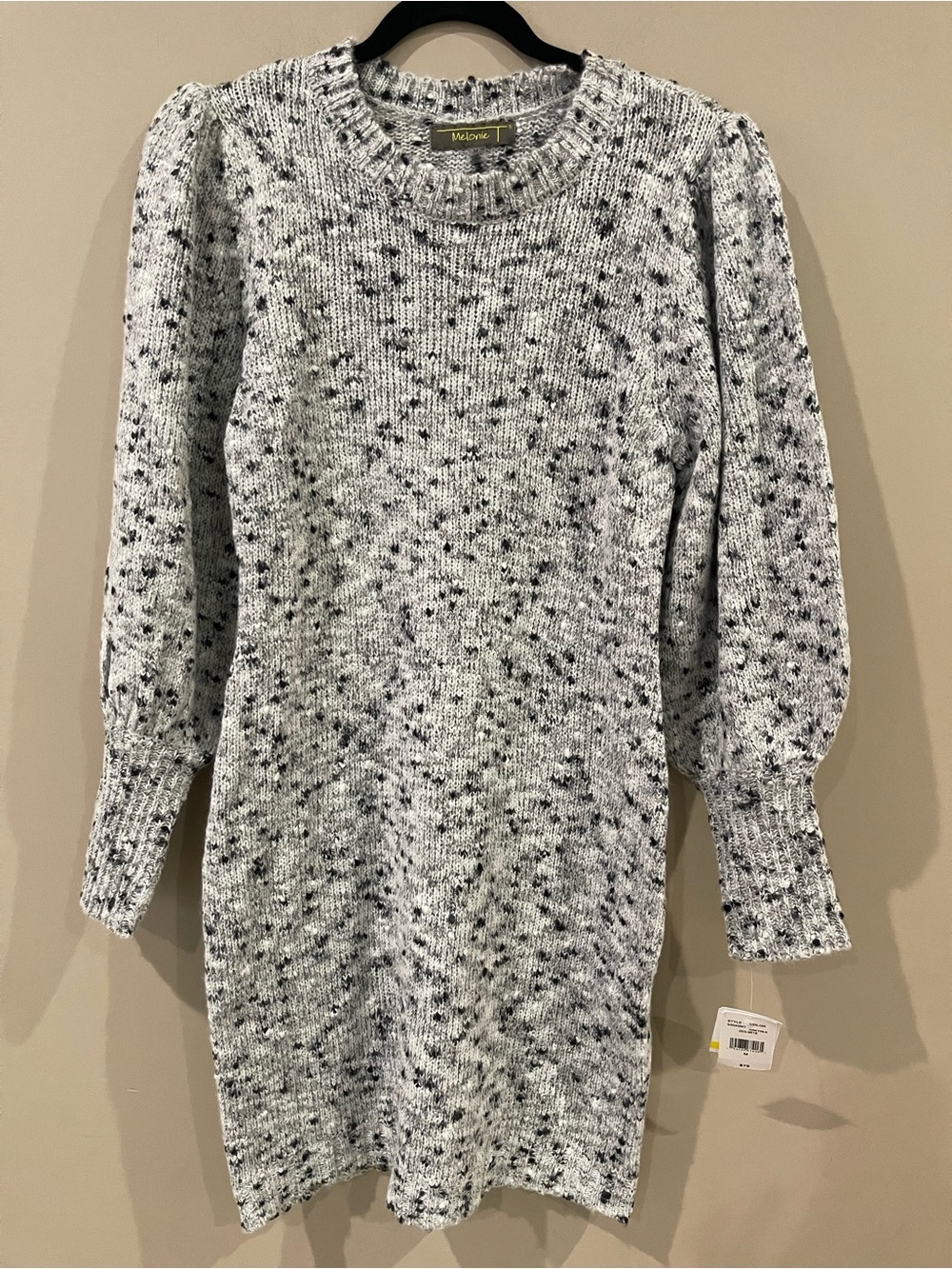 Melonie Gray Speckled Crewneck Sweater Dress with Puff Sleeve